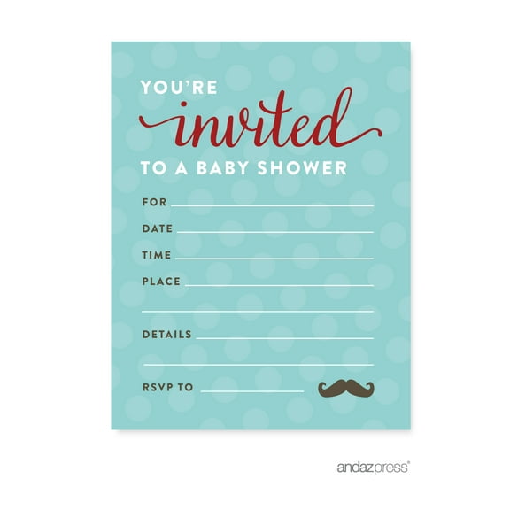 Koyal Wholesale Lil Man Mustache Boy Baby Shower Paper Invitations, Blank Cards with Envelopes, 20-Pack