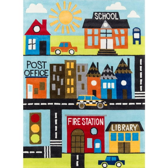 Momeni Round Novelty Cars Trucks & Trains Modern Contemporary Area Rugs, Multi-color, 5' X 5' Round