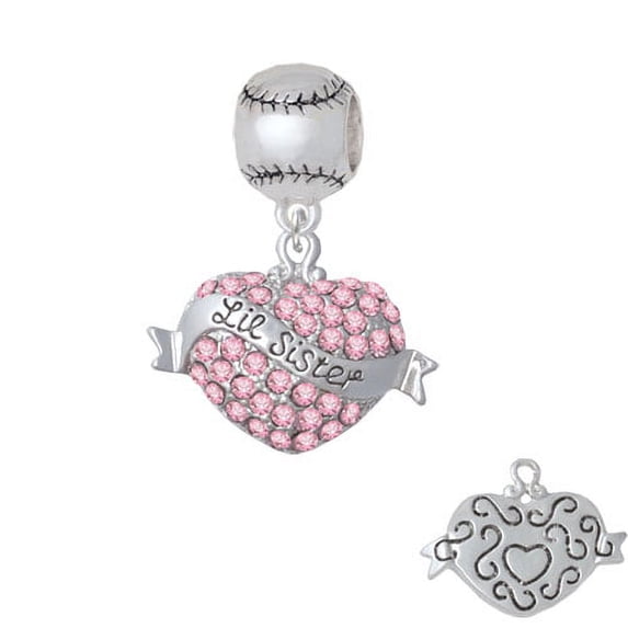 Lil Sister Banner on Pink Crystal Heart - Softball Charm Bead