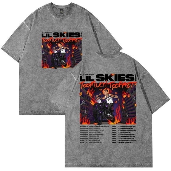 Lil Skies Too Much Too Fast Tour 2025 Merch Cotton washed T-shirt unisex fashion short sleeved round neck T-shirt