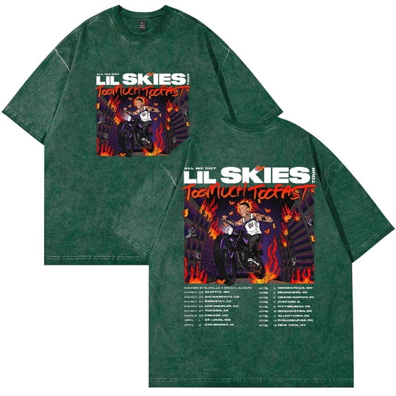 Lil Skies Too Much Too Fast Tour 2025 Merch Cotton washed T-shirt unisex fashion short sleeved round neck T-shirt