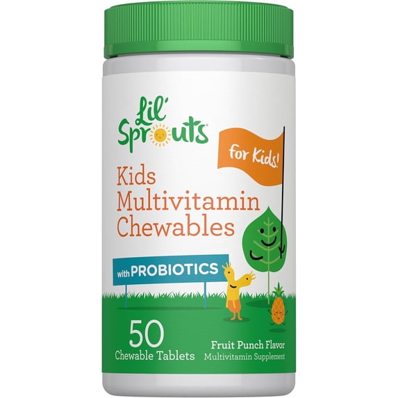 Lil' Sprouts Kids Multivitamin with Probiotics | 50 Chewable Tablets | Fruit Punch Flavor | Non-GMO and Gluten Free