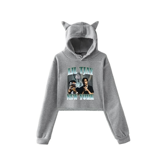 Lil Tjay Rapper Hoodie Sweatshirts Crop top Printing for Girls Cat Ear Youth Streetwear