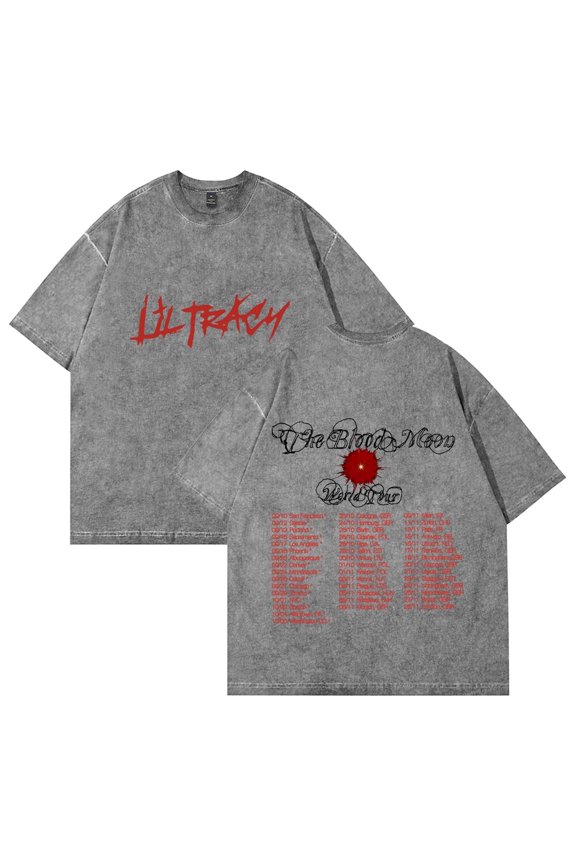 Lil Tracy The Blood Moon Tour Tee Merch T-shirt Printed Retro Distressed Wash Denim Short Sleeved T-shirt