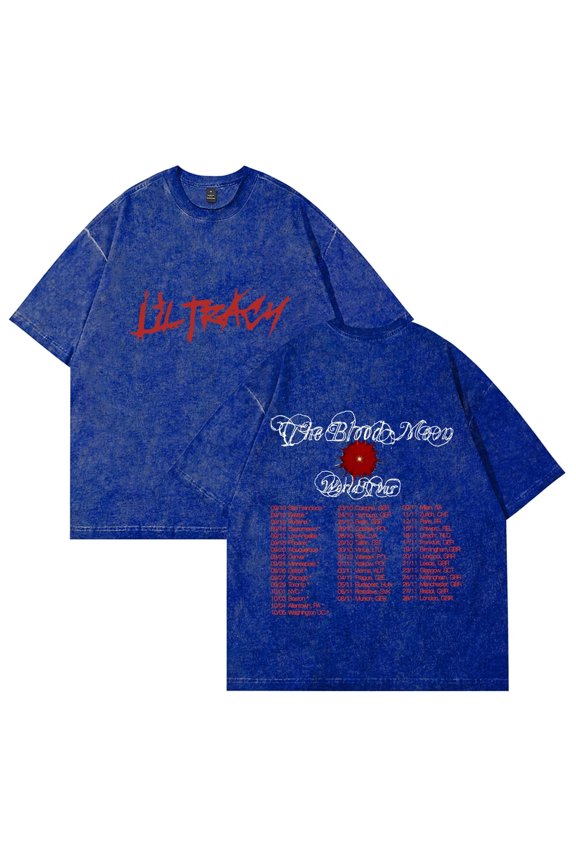 Lil Tracy The Blood Moon Tour Tee Merch T-shirt Printed Retro Distressed Wash Denim Short Sleeved T-shirt
