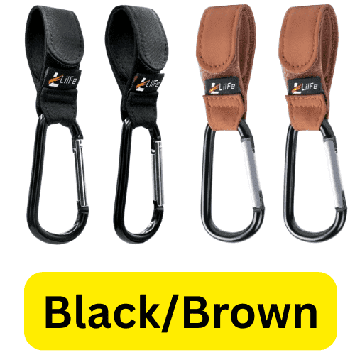 LilFe Multi-Purpose Convenient Baby Stroller Clips Adjustable Nylon Mommy Hook for Bags, Black & Brown