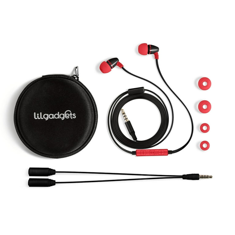 LilGadgets BestBuds Children s Wired Earphones Volume Limited In Line Microphone Travel Case Splitter Red Black Walmart