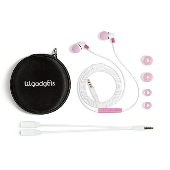 LilGadgets BestBuds Volume Limited, Wired in-Ear Earbuds for Kids (Includes Microphone, Travel Case & Splitter) Ear Buds for Kids, Perfect Headphones for School - Pink