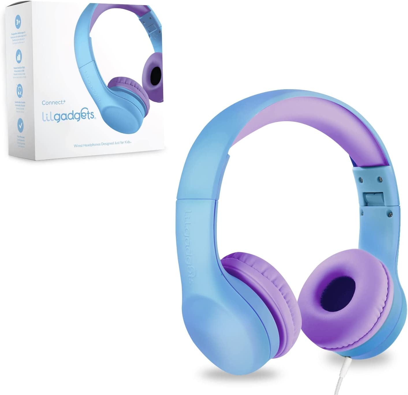 LilGadgets Connect+ Kids Wired Headphones with Microphone, Volume Limiting for Safe Listening, Adjustable Headband, Cushioned Earpads to ensure Comfort, For Kids, Toddlers, Boys & Girls, Blue/Purple