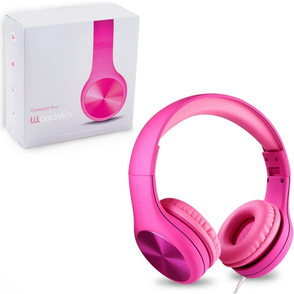 LilGadgets Connect+ Pro Wired Kids Headphones - Designed with Kids' Comfort in Mind, Child-Friendly Foldable Over-Ear Headset with In-line Microphone, Perfect for Toddlers in School, Pink
