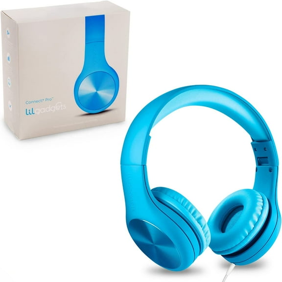 LilGadgets Connect+ Pro Wired Kids Headphones - Designed with Kids' Comfort in Mind, Child-Friendly Foldable Over-Ear Headset with In-line Microphone, Perfect for Toddlers in School, Blue
