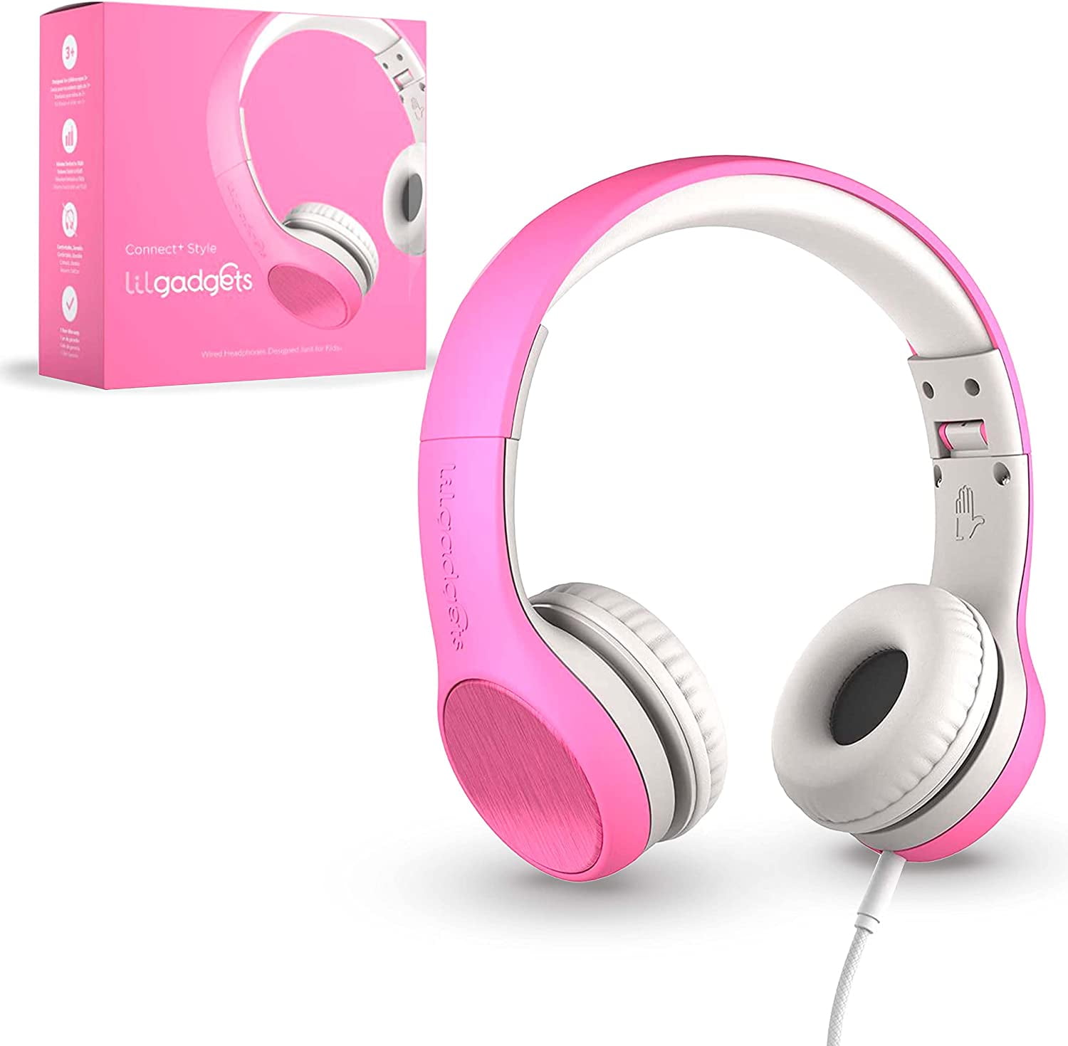 LilGadgets Connect+ Style Wired Headphones for Kids for School with SharePort® Technology, Child-Friendly Foldable On-Ear Headset with Built-in Microphone, Comfy for Kids Headphones, Pink