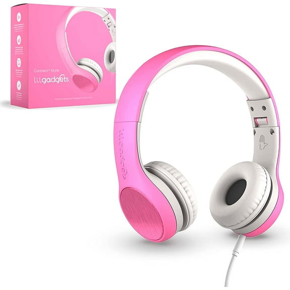 LilGadgets Connect+ Style Wired Headphones for Kids for School with SharePort® Technology, Child-Friendly Foldable On-Ear Headset with Built-in Microphone, Comfy for Kids Headphones, Pink