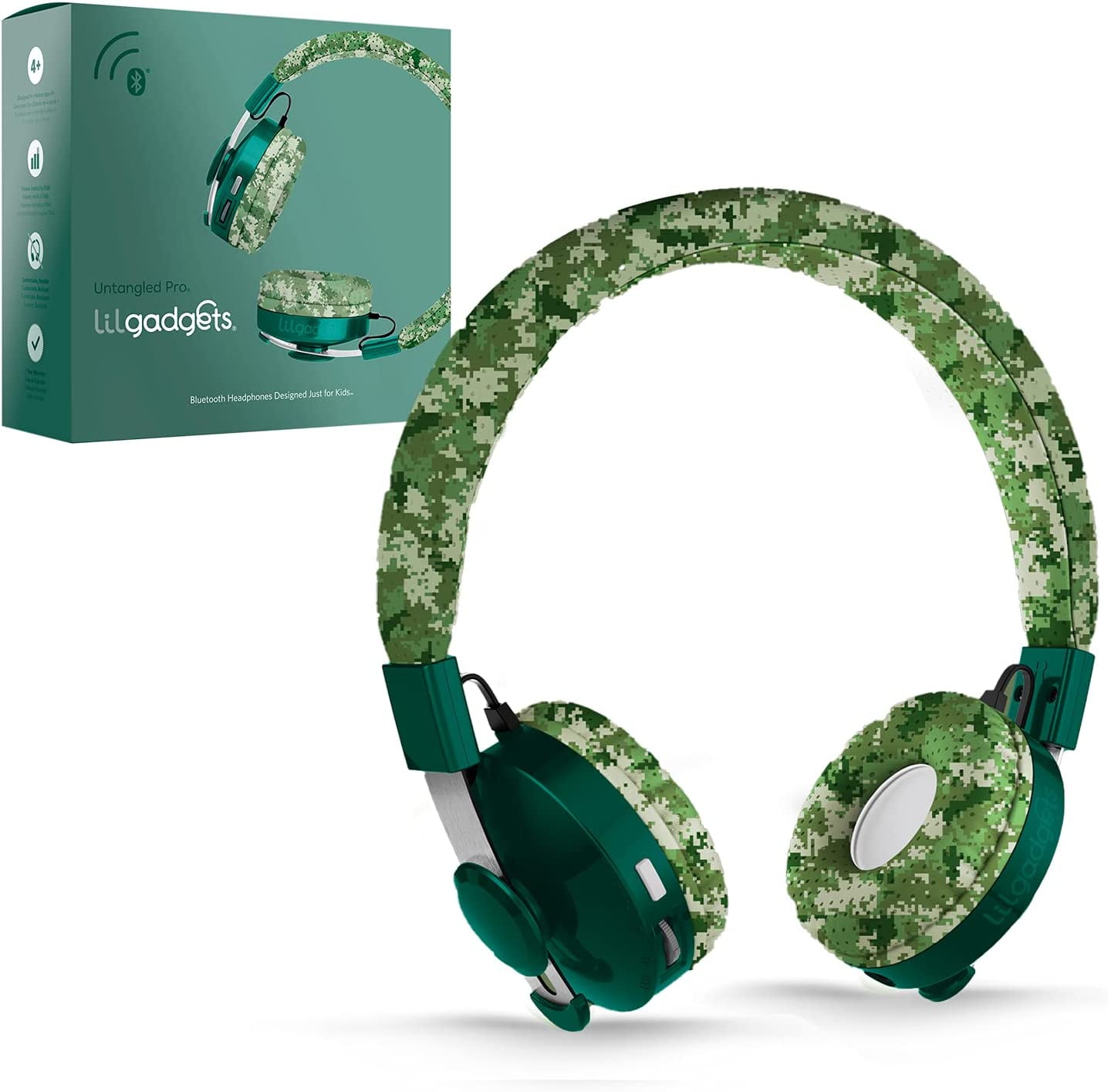 LilGadgets Untangled Pro Wireless Headphones for Kids for School, On-Ear Bluetooth Headphones with Built-in Microphone, No More Tangled Wires, Kids Headphones for School, Green Camo