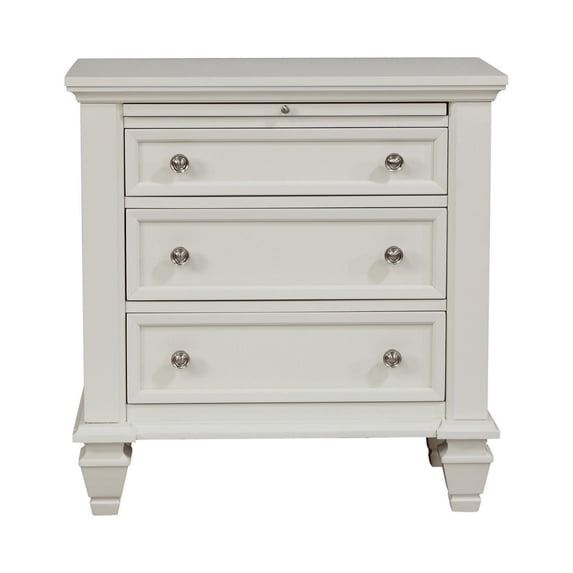 Benjara Lila 30 Inch Nightstand with Slide Out Tray, Felt Lined Top Drawer, White