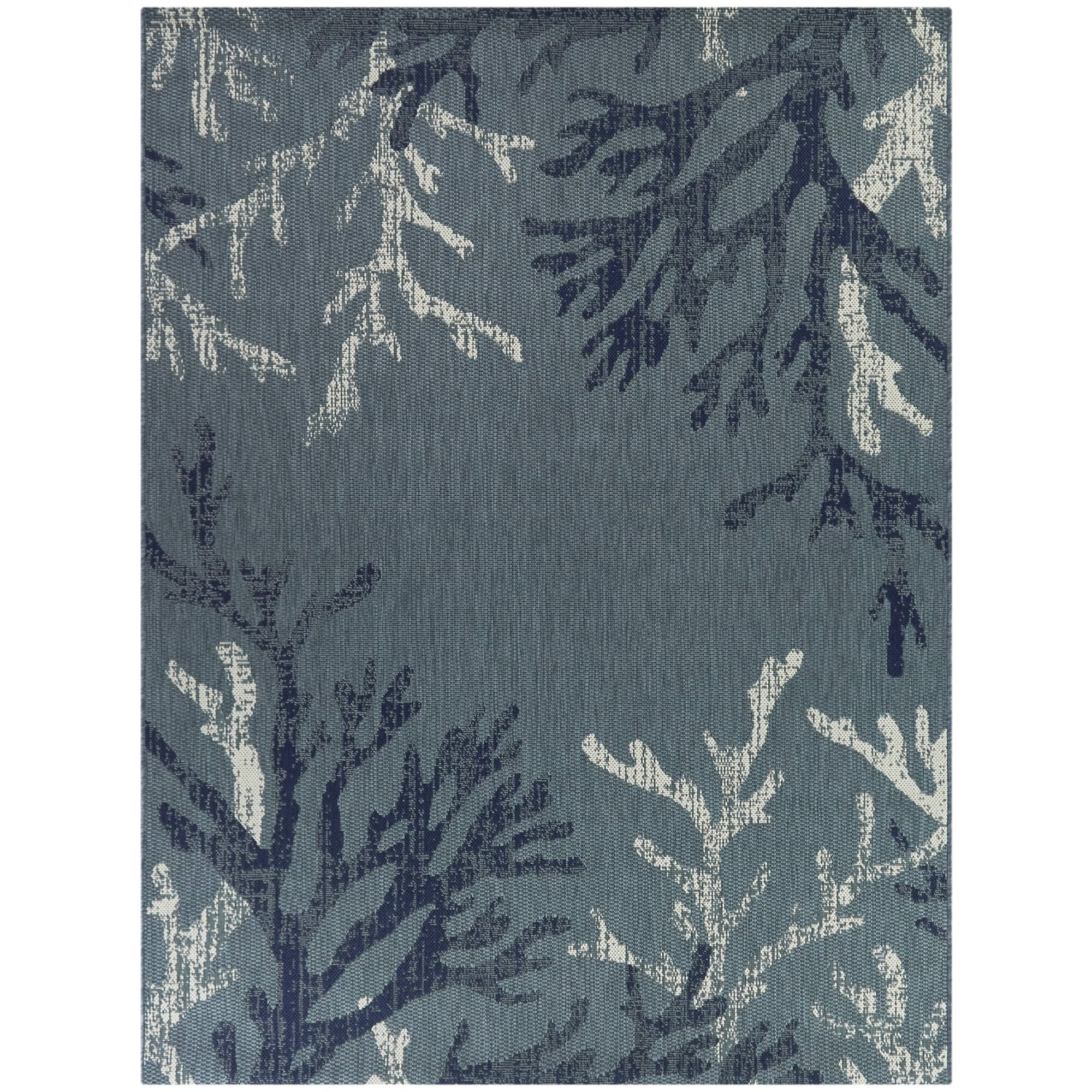 Teal and Blue Floral Synthetic Rectangular Area Rug 5' x 7'