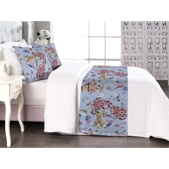 Lilac Bed Runner Set, Springtime Inspiration Dreamy Flowers Boho Silhouettes Cottagecore Art, Decorative Bedding Scarf & 2 Pillow Shams for Hotels Homes, Queen, Lavender Blue Pale Maroon, by Ambesonne