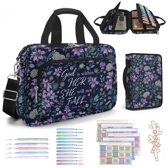 Lilac Bible Cover Case for Women with Shoulder Strap & Handle Zipper Pocket, Large Bible Bag with Study Supplies Journaling Kit Book Carrying Case, Pens Highlighters Cross Clips Tabs