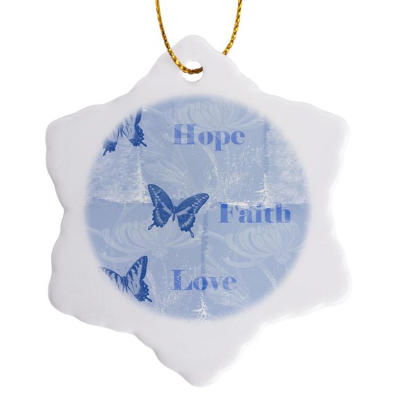 3drose, Inspired Blue Butterflies Hope, Faith and Love, 3 inch Snowflake Porcelain Ornament