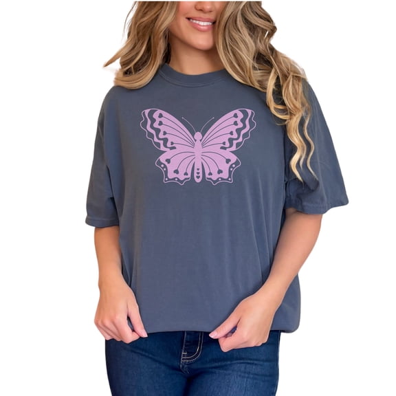 Lilac Butterfly Print Merch, Denim Comfort Colors T-Shirt, Large