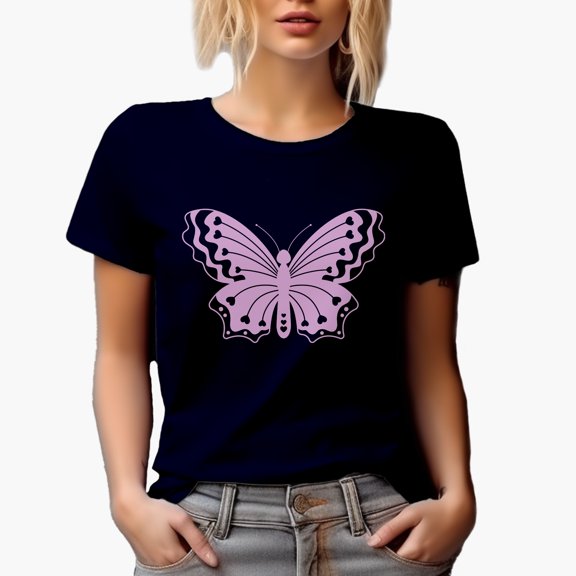 Lilac Butterfly Print Merch Gift, Navy Blue T-Shirt, Large