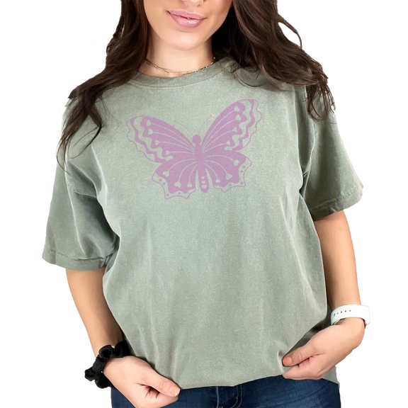 Lilac Butterfly Print Merch, Moss Comfort Colors T-Shirt, 2XL