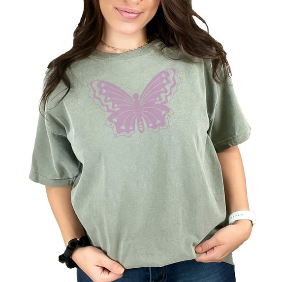 Lilac Butterfly Print Merch, Moss Comfort Colors T-Shirt, Large