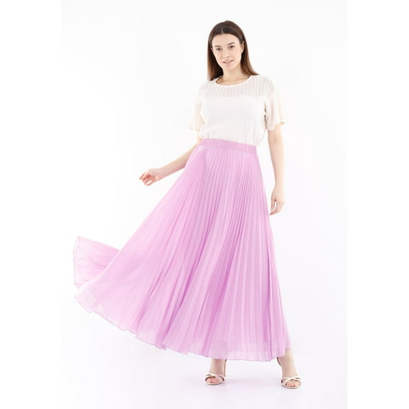 Lilac Chiffon Pleated Maxi Skirt with Elastic Waist Band