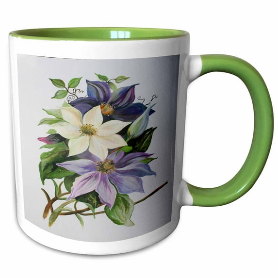 3drose, Lilac Clematis - Vine, Climbing Vine, Flowers, Lilac Flowers, Purple Flowers, Cream Flowers,, 11oz Two-tone Green Mug