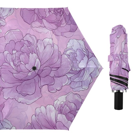 Lilac Color Peony Flowers All Weather Umbrella Triple Folding Parasol 6 Ribs UV Protection Portable