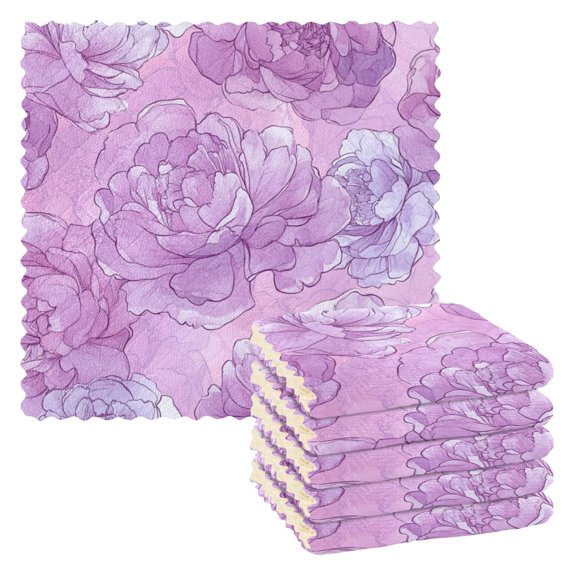 Lilac Color Peony Flowers Dish Cloths Dish Towels Cleaning Cloths Quick Drying Reusable 11" x 11" Set of 6