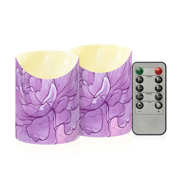 Lilac Color Peony Flowers Flickering Flameless Candles with Remote Timer Battery Operated LED Tealight Set of 2 M