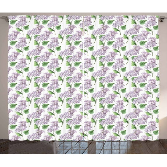 Ambesonne Lilac Curtains 2 Panel Set, Watercolor Herbal Bunch, 108" x 84", Lilac and Green