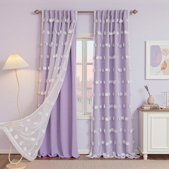 Lilac Curtains for Girls Bedroom Nursery Curtain with White Pom Pom Sheer Window Drapes Back Tab Room Darkening Double Layer 72 Inches Length 2 Panels, Light Purple, W52 X L72