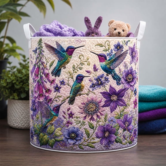 Lilac Dream Quilted Laundry Basket: Purple Hummingbird Storage Bin, Large Foldable Hamper