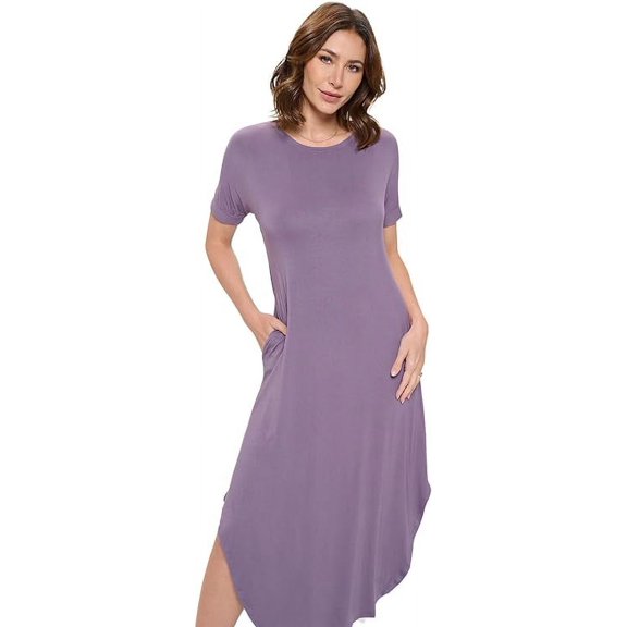 Lilac Dusty Large-X-Large Size Women's Rayon Stretch Short Sleeve T-Shirt Long Crew Neck with Side Pockets for Summer/Casual Dresses
