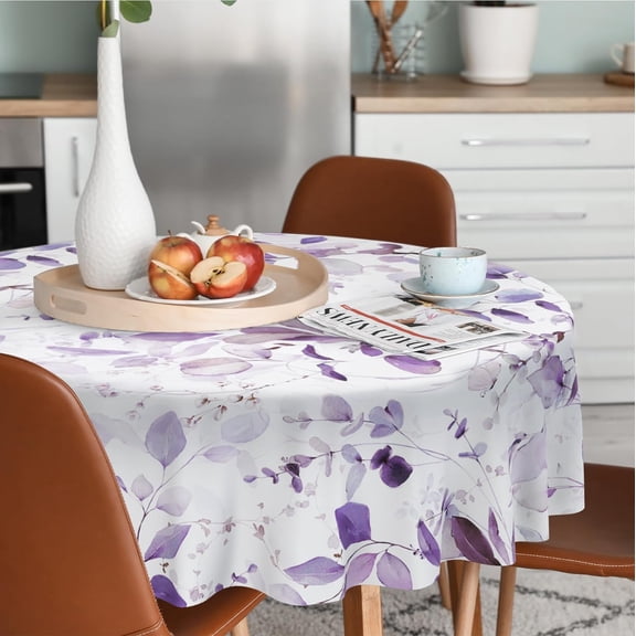 Lilac Eucalyptus Leaves Tablecloth Waterproof Fabric,Round Watercolor Oil-Proof Wrinkle Resistant Table Cover for Dining Table, Buffet Parties and Campin,Mint Color(60" inch Round)
