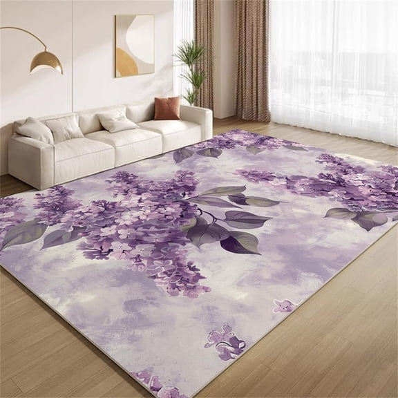 Lilac Floral Area Rugs, Purple Lilac Lavender Shabby Chic Carpet, Washable Non Slip Low Pile Soft Rug for Living Room Bedroom Office Decor Mat 3ftx5ft