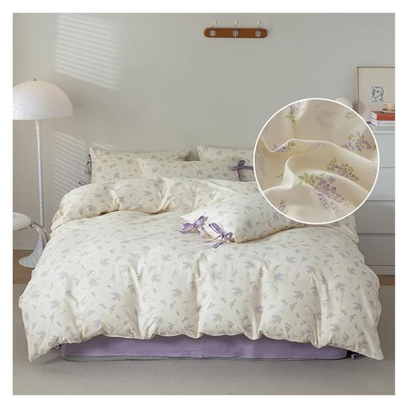 Lilac Floral Comforter Set Full Size Flower Comforter with 2 Bow Ties Pillowcases Cute Floral Bedding Set Vintage Botanical Comforter Set for Girls Women Soft Fluffy Bed Set for All Season