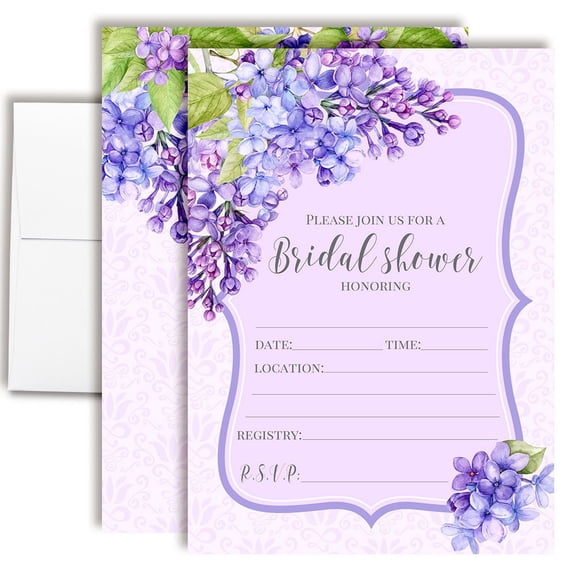Lilac Floral Purple Bridal Shower Invitations, 20 Fill-In Cards with Envelopes, 5x7 Wedding Shower Invitations for Bride, Bridal Party Supplies and Decorations, Made in USA by Amanda Creation