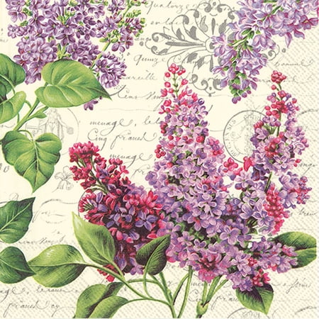 Lilac Floral Vintage Script Cream 16 Count 3-Ply Disposable Lunch Napkins, 2 Pack