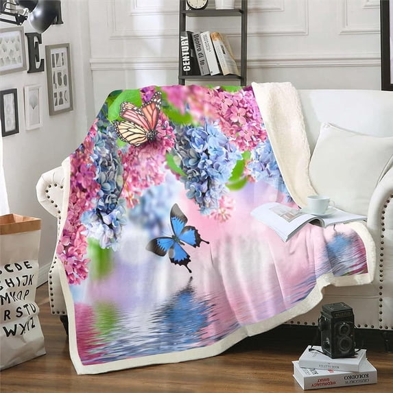Lilac Flowers Plush Bed Blanket for Kids Girls Teens Adults Women Pink Blue Floral Throw Blanket,Butterfly Sherpa Blanket Romantic Garden Theme Fleece Blanket Twin 60"X80"