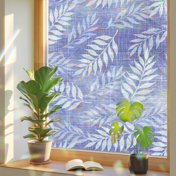 Lilac Fronds Window Privacy Film, Lavender Purple Leaf Plant Canvas Weave Texture Stained Glass Rainbow Film Decorative Window Clings, Static Cling Sun Blocking Stickers 17.7" x 39.3"