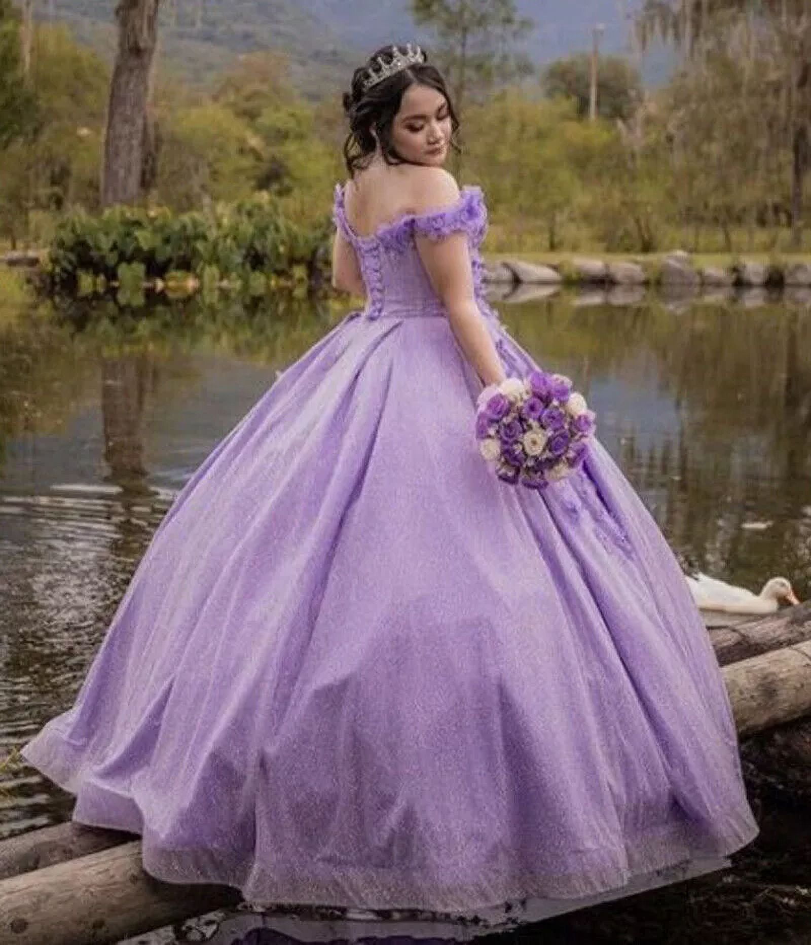 Lilac Gowns 3D Floral Strapless Sweetheart 15 Years Party Prom Dresses