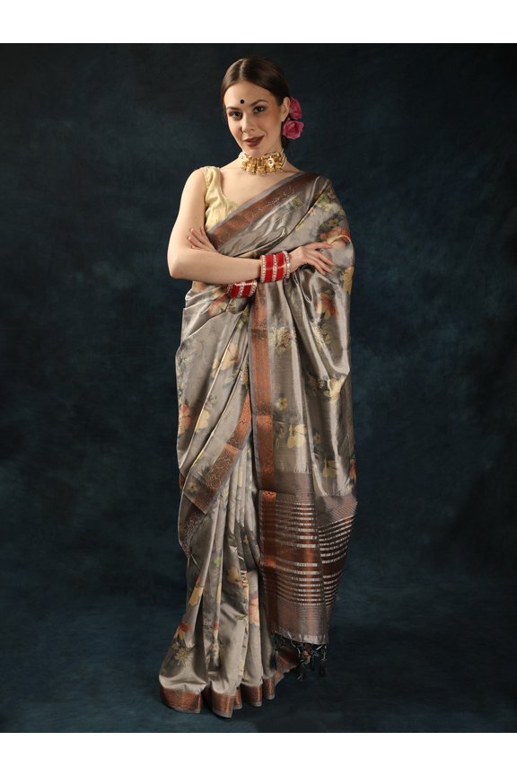 Lilac-Gray Saree with All-Over Floral Print and Tasseled Pallu
