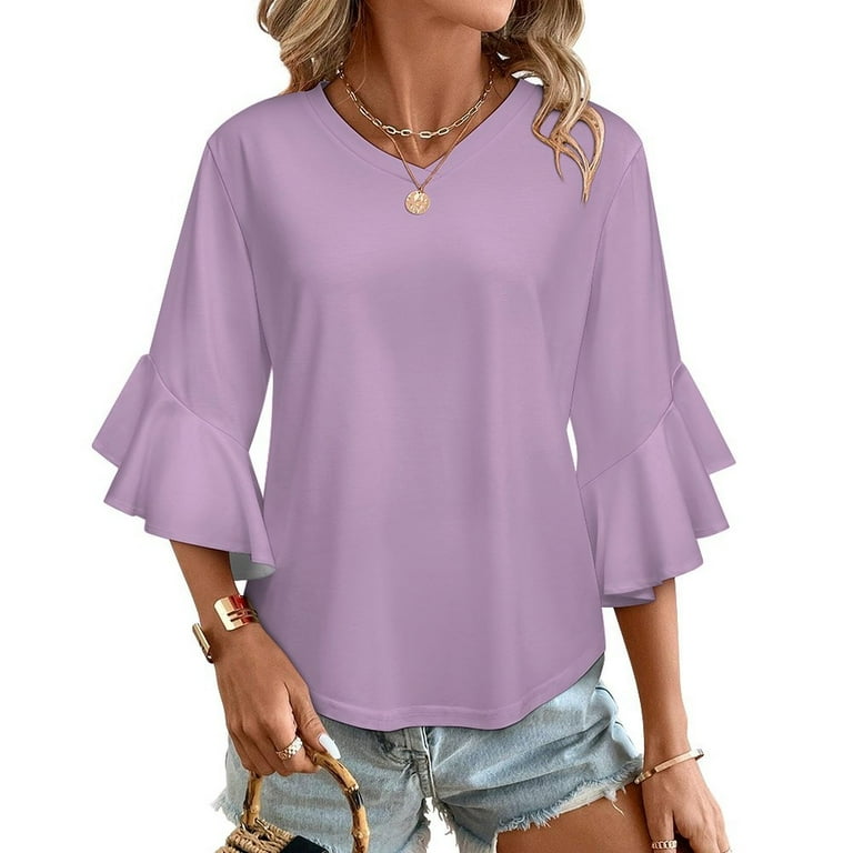 Lilac LAVENDER Women's V-Neck Blouse With 3/4 Ruffled Bell Sleeves