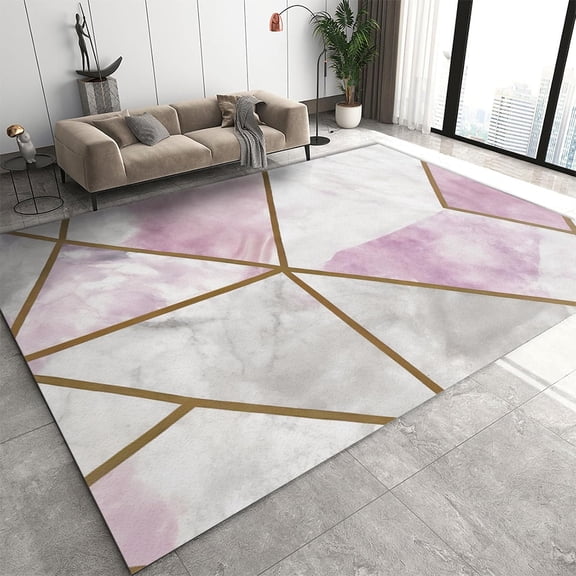 Lilac Marble Texture Area Rug, Modern Platinum Agate Geometric Lines Living Room Rugs, with Non-Slip Backing Floor Carpet for Living Room Bedroom Dining Room 2' x 3'