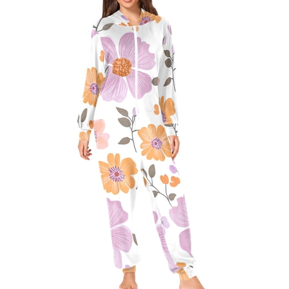 Lilac Orange Florals Leaves Adult's Hoodie Onesie Jumpsuit One-Piece Pajamas with Zipper Unisex for Holiday S