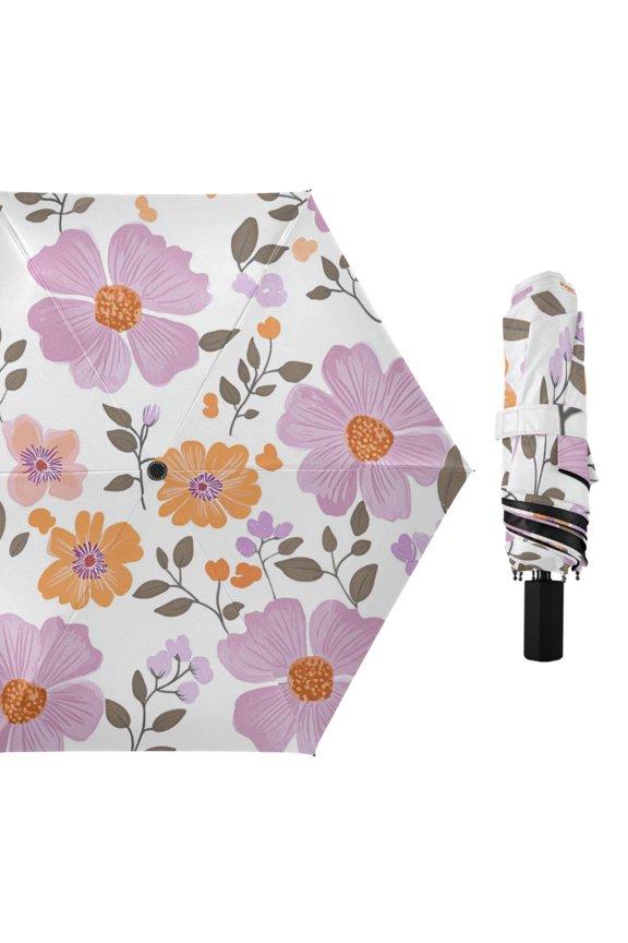 Lilac Orange Florals Leaves All Weather Umbrella Triple Folding Parasol 6 Ribs UV Protection Portable