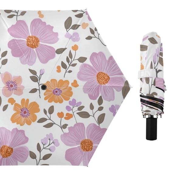 Lilac Orange Florals Leaves All Weather Umbrella Triple Folding Parasol 6 Ribs UV Protection Portable
